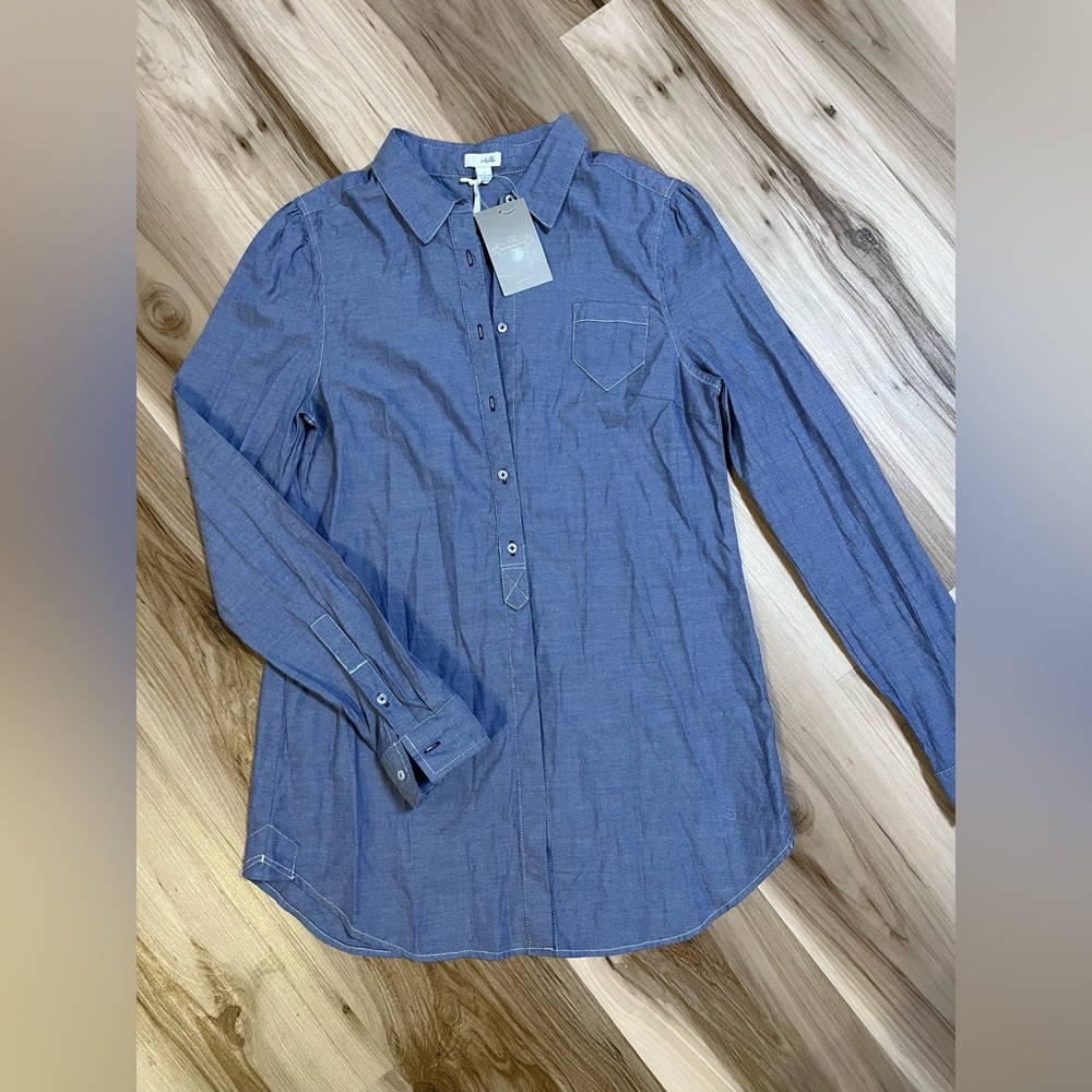 Anthropologie Odille Chambray Button Down Long Sleeve Shirt Blue Blouse Womens 2